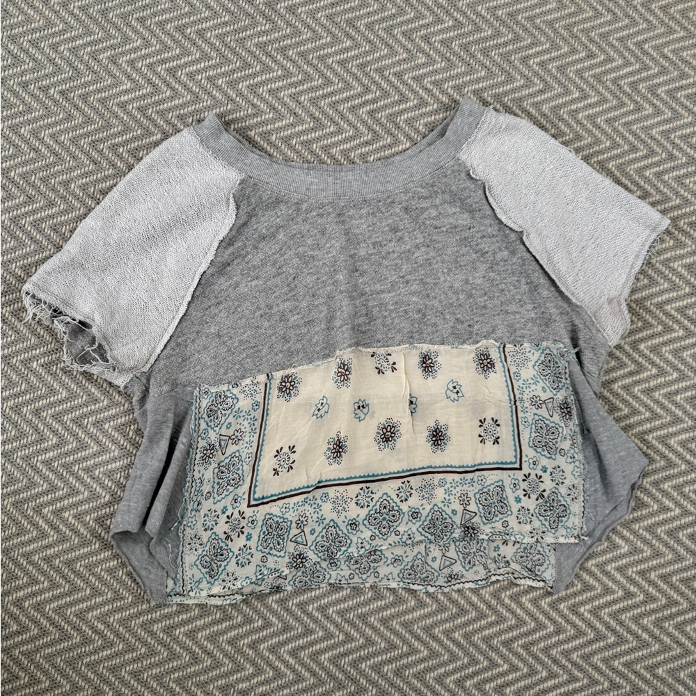 Free People Gray Bandana Mixed Media Lace Crop Sweatshirt XS